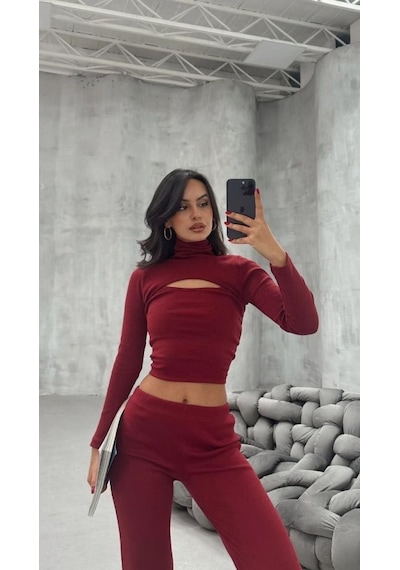 Hazego Kadın Uzun Kollu Pencere Detay Göğüs Dekolteli Bluz Ve Bol Paça Pantolon Ikili Takim Bordo Hazego Kadın Uzun Kollu Pencere Detay Göğüs Dekolteli Bluz Ve Bol Paça Pantolon Ikili Takim Bordo