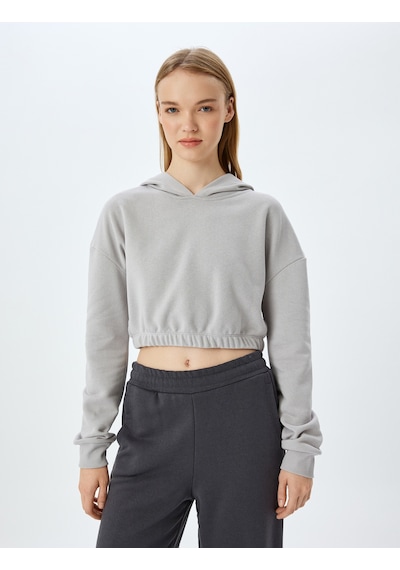 Koton Şardonlu Kapüşonlu Uzun Kollu Crop Oversize Sweatshirt Gri 5wak10099nk