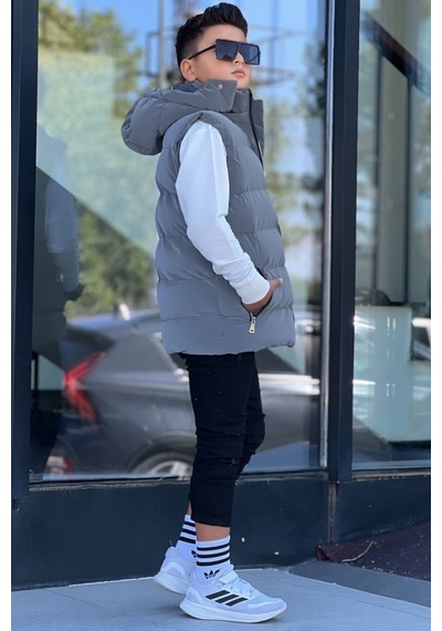 Pina Kids Erkek Çocuk Çıtçıt Kapüşonlu Nova Kumaş Şişme Yelek Ylk3026 Füme