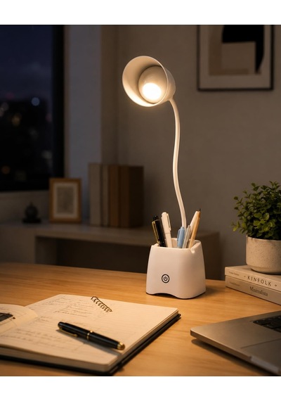 3 Modlu Led Masa Lambası Ve Kalemlik Esnek Boyunlu Dokunmatik Çalışma Lambası, Kalem Organizerli Masaüstü Aydınlatma, Beyaz Diğer