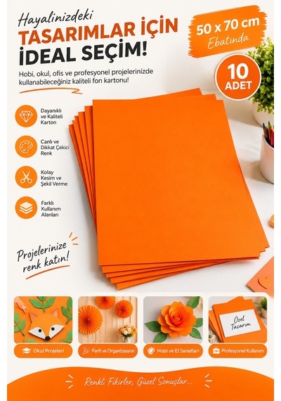 Turuncu Fon Kartonu 50x70 Cm 10 Lu Paket, Renkli Fon Kağıdı, El İşi, Okul Ve Sanat Etkinlikleri İçin
