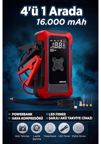 4'ü 1 Arada Dijital Göstergeli Powerbank Led Fener Hava Kompresörü Şarjlı Akü Takviye Cihazı