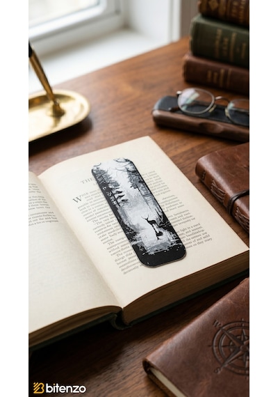 Doğa Ve Geyik Temalı Kabartma Dokulu Kitap Ayracı - Manzaralı Tasarım Kitap Aksesuarı