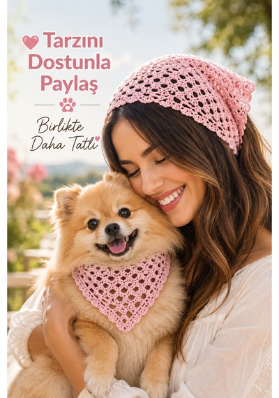Kadın & Köpek Kombin El Örgüsü Minik Dost Bandana Seti Ayarlanabilir Evcil Hayvan Sahip Kombini Bohem Tasarım Pembe