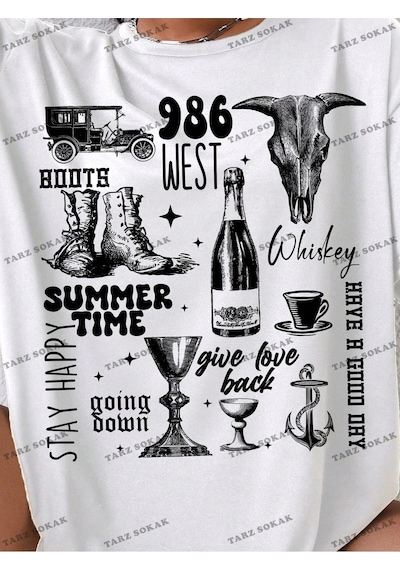 Tarzsokak Unisex Bay Kadın Batı Tarzı Baskılı Kısa Kollu Tişört Kod-1336 Beyaz