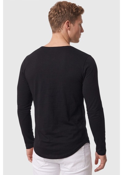 Rizzup Erkek Siyah %95 Pamuk Slim Fit Kesik Açık Yaka Likralı Penye Sweatshirt Oval Kesim 2602299