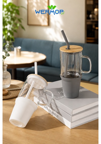 1000 Ml Cam Big Mug Bambu Kapaklı Çelik Pipetli Büyük Boy Kupa Termos Mor Antrasit