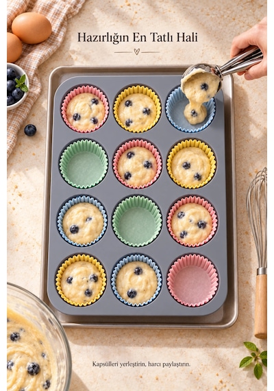 Tilbe Home 12'li Silikon Muffin Kalıbı Yapışmaz Cupcake Kek Kapsül Brownie Mutfak Fırın Tepsisi Pasl Gri