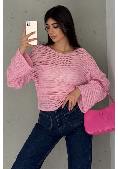 Femelle Kadın Standart Beden Uzun Kollu Ajurlu Salaş Delikli File Bluz Pembe