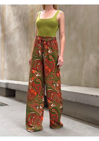 Mamayaga Kadın Yüksek Bel Kuşaklı Desenli %100 Viscose Pamuk Geniş Paça Şık Casual Büyük Beden Curve Pantolon Haki