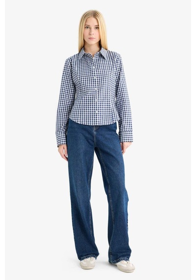 Defacto Coool Fitted Kareli Poplin Uzun Kollu Gömlek F9285ax25aunv241 Lacivert