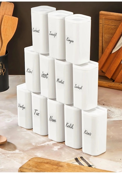 Etiketli 12'li 300 Ml Vakumlu Kapak Mika Beyaz Baharatlık Takımı - Sızdırmaz Conta Saklama Kabı Beyaz