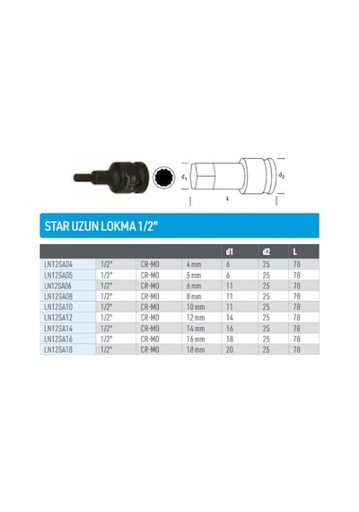 Osaka Ln12sa05 Havalı Uzun 1/2'' Allen Yıldız Lokma 5 Mm
