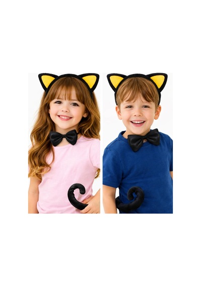Sarı Kulaklı Kedi Kostüm Seti Taç Papyon Kuyruk 3 Parça Bx40