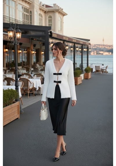 Lela Premium Regular Fit V Yaka Çift Kemerli Peluş Bayan Hırka 680Hi00112 Ekru