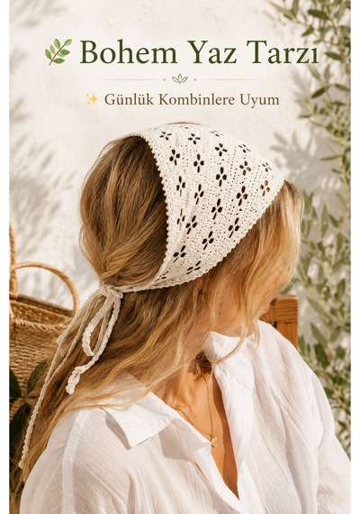 El Örgüsü Çiçek Desenli Kombin Saç Bandanası Bohem Kadın Bandana Yazlık Örgü Bandana Ayarlanabilir Saç Aksesuarı Beyaz