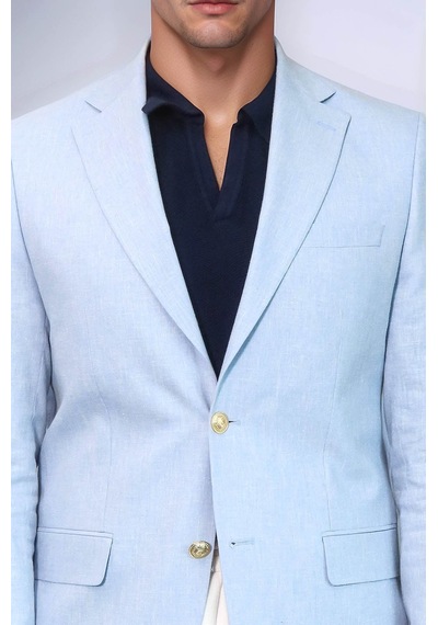 Açık Mavi Keten Dokulu Gold Renk Metal Düğmeli Slim Fit Erkek Blazer Ceket - Wessi Blue