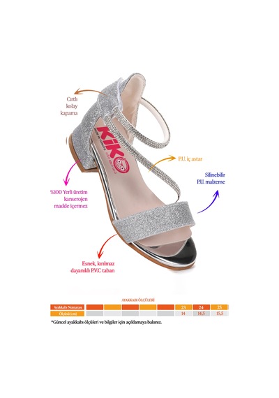 Kiko Kids Yada Kum Simli Kız Bebek 2 Cm Topuklu Sandalet Abiye Ayakkabı Gümüş Gümüş