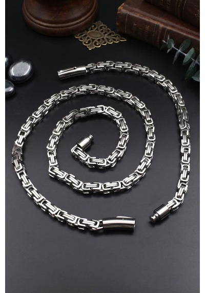 Paslanmaz Çelik Kral Model Erkek Kolye Zincir Ve Bileklik Set 6mm 902928 Gümüş