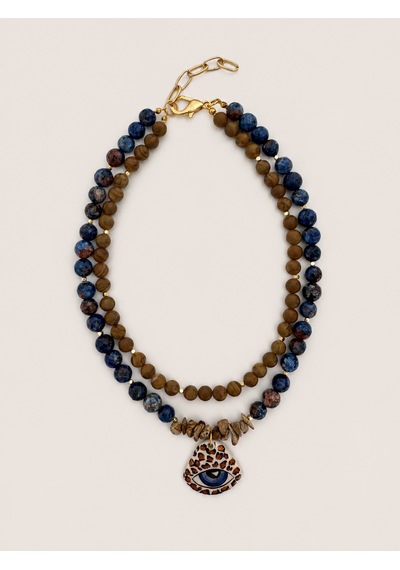 El Yapımı Kahverengi Jasper & Lapis Lazuli Doğal Taş İkili Kolye Seti Mavi - Kahverengi