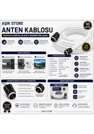 10 Metre Premium Anten Kablosu %100 Bakır İç İletken Contalı Black F Konnektör Çakılı Koaksiyel Tv Uydu Kablosu