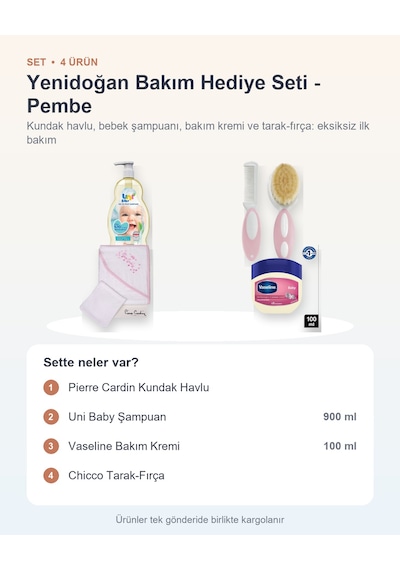 Yenidoğan Bakım Hediye Seti 4 Parça: Kundak Havlu + Şampuan + Bakım Kremi + Tarak-fırça - Pembe