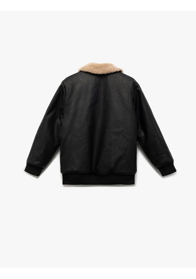 Koton Fermuarlı Peluş Yaka Cepli Bomber Deri Ceket Siyah 6wkb20007tw Siyah