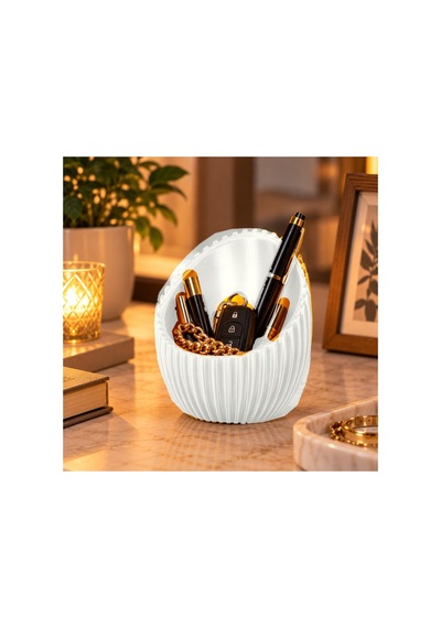 Dekoratif Oluklu Yumurta Formlu Tealight Mumluk Ve Masaüstü Düzenleyici 10x5 Cm - Beyaz