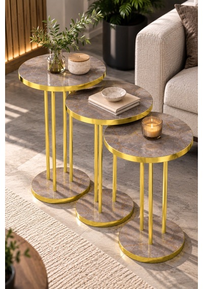 Sulorahome 3'lü Yuvarlak Zigon Sehpa Takımı Çam Kahverengi Ve Gold Metal Ayaklı Altın - Kahverengi