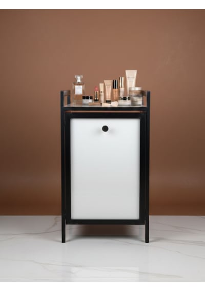 Kapaklı Çamaşır Sepeti & Banyo Düzenleyici Dolap Metal Ayaklı Modern Kirli Sepeti Organizer Beyaz
