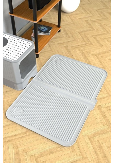 Silikon Mama Ve Kum Matı Havuzlu Yıkanabilir Kedi Tuvaleti Önü Kedi Kumu Paspası Büyük Boy 40x60, Gri