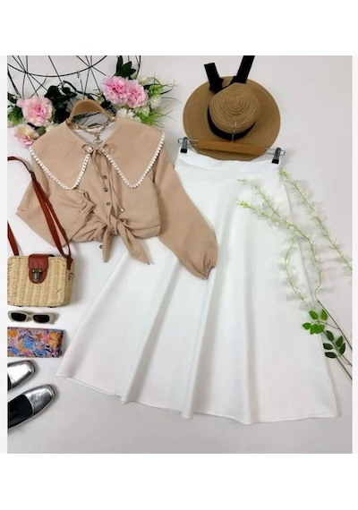 Lovie Moda Kadın Yaka İşlemeli Etekli Takım Bej