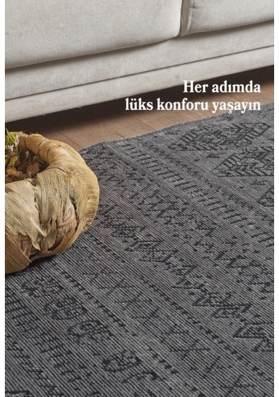Bohem Tarz Dekoratif Pamuk Taban Şönil Kilim Antrasit Renk Halı