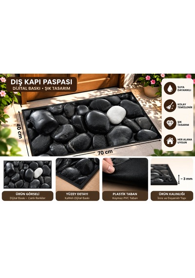 Dış Kapı Paspası 40x70 Cm Dijital Baskılı Kaymaz Pvc Plastik Tabanlı Kapı Önü Paspası Siyah Antrasit