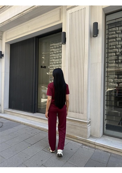 WeShaya Bordo Polyester Keten Polo Yaka Takım Bordo