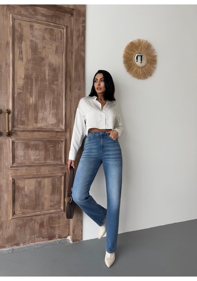 Kadın Straight Likralı Yüksek Bel Boru Paça Kot Pantolon Koyu Mavi Mavi+koyu Mavi