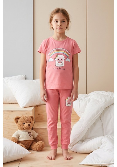 Remsa Kız Çocuk Kısa Kol Baskılı Penye Pijama Takımı 2647 Mercan01 Mercan