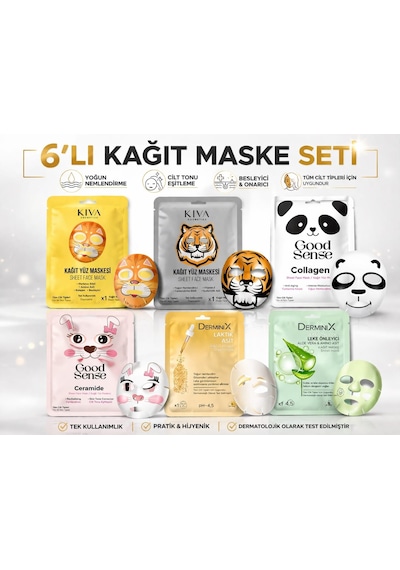 6 Lı Kağıt Yüz Maskesi Seti Kolajen, Laktik Asit, Aloe Vera, Ceramide İçeren Yoğun Nemlendirici, Leke Karşıtı, Cilt To