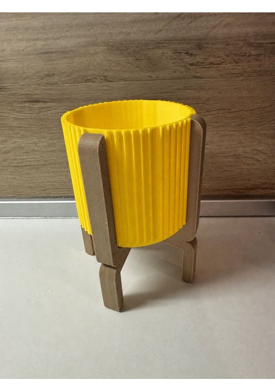 3d Baskı Ayaklı Çizgili Saksı - Bej Standlı Dekoratif Saksı - Sarı -