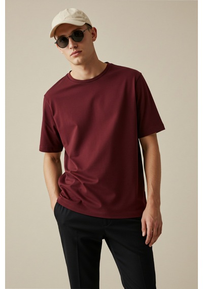 Erkek Oversize Basic Tişört Unisex %100 Pamuk Rahat Kalıp Erkek Tam Oversize Tişört Bordo