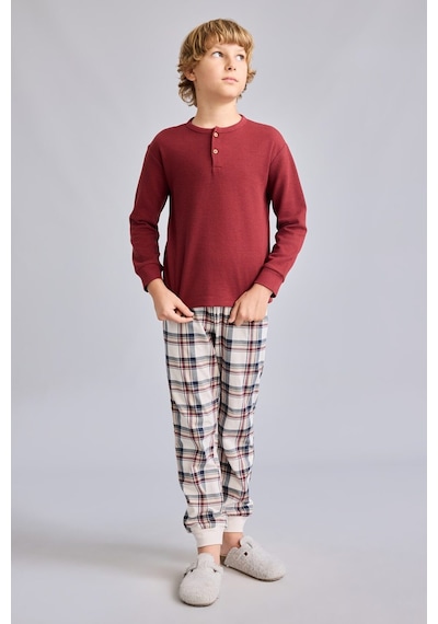 Defacto Regular Fit Henley Yaka Waffle Üst Ekose Alt 2li Pijama Takımı Erkek Çocuk I1444a826aubr281 Bordo-br281