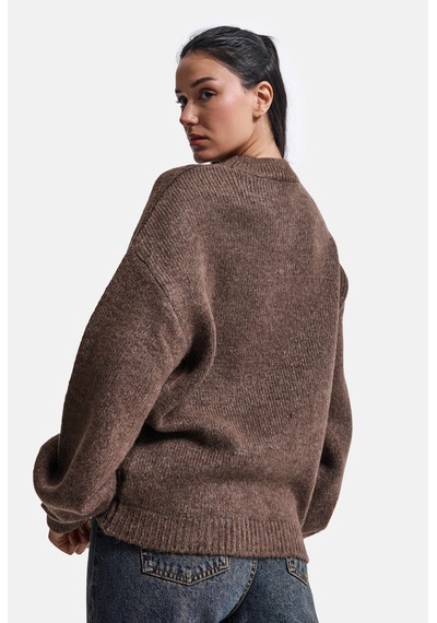 Kadın Kahve W6-16 Oversize Aksesuar Detaylı Tasarım Triko Kazak
