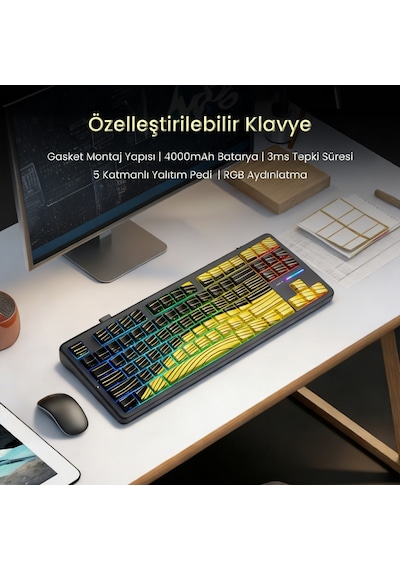 Aula F87 Pro Mekanik Rgb Tkl Matcha Latte Switch Kablosuz Makrolu Hot Swap Klavye Sarı