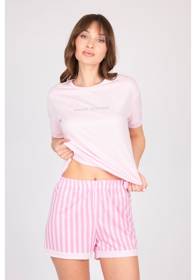 Burcumay Kadın Taş Detaylı Pembe Şortlu Yazlık Pijama Takımı Pembe