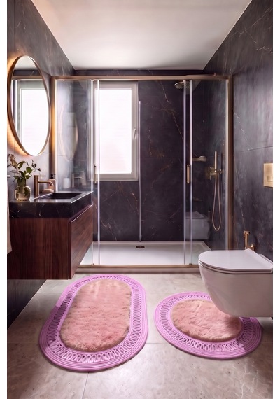 Banyo Paspası Takımı 60x100+60x60 Cm İç Trikot Pembe & Pembe