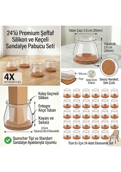 24 Adet Yuvarlak Sandalye Pabucu 2.5 Cm Taban X 2.9 Cm Yükseklik Şeffaf Silikon