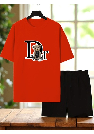 Uyguntarz Unisex Dr. Ayı Tasarım Basklı Tshirt Şort Takımı Kırmızı
