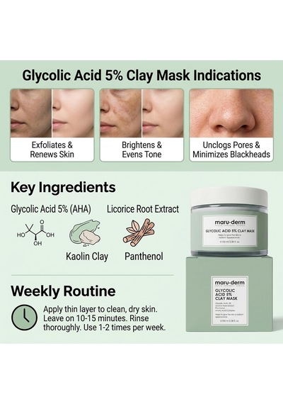Maruderm Glikolik Asit%5 Gözenek Arındırıcı Ve Cilt Tonu Eşitleyici Kil Maskesi Vegan, Pürüzsüz Ve Nemlendirici Arındırıcı Maske, 100 Ml