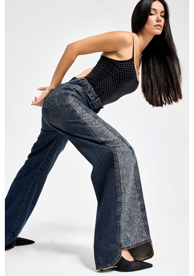 Itsbasic Kadın T.kot Rengi 2w49 Parlak Taş Detaylı Wide Leg Fit Tasarım Denim Jean Kırmızı