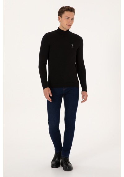 U.S. Polo Assn. Erkek Slim Fit Yarım Balıkçı Yaka Siyah Basic Kazak 50307783-VR046